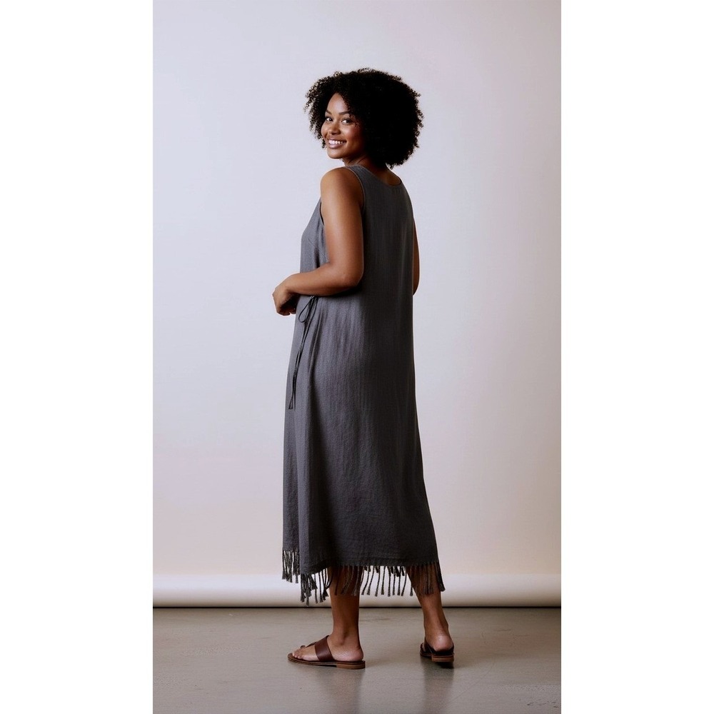Harve Benard 100% Linen Dress 12P Black Sleeveless Fringe Hem Petite Midi Shift